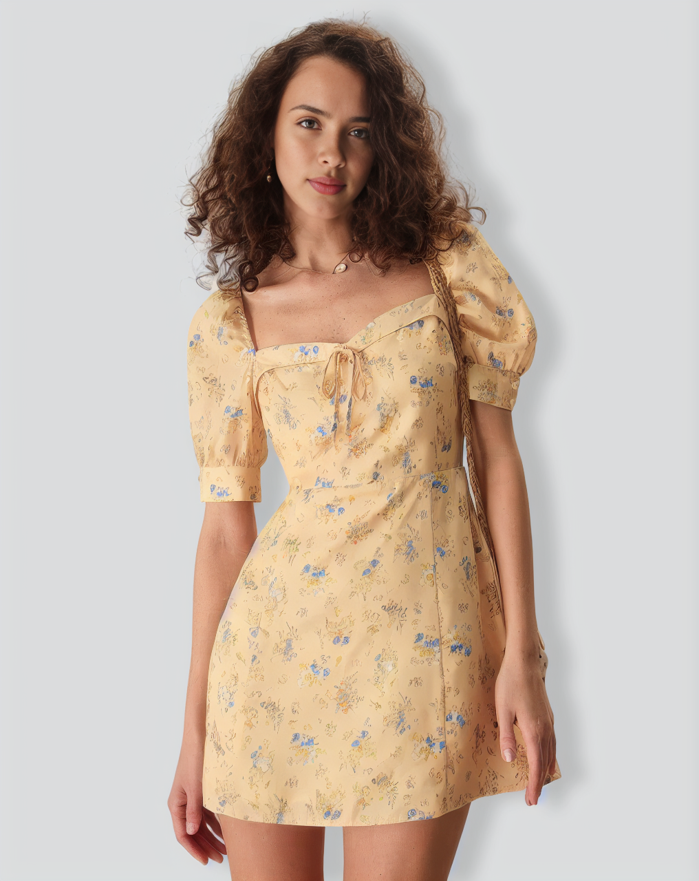 The Yellow Sweetheart Neck Floral Mini Dress