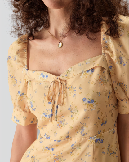The Yellow Sweetheart Neck Floral Mini Dress