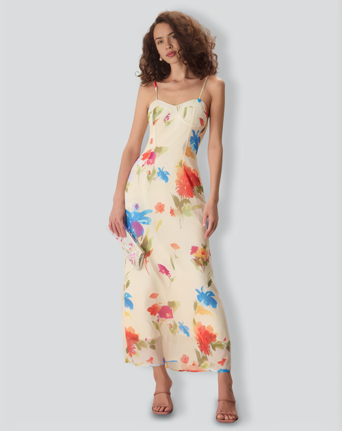 Women's Beige Floral Slip Maxi Dress