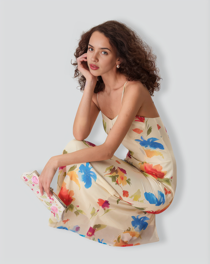 Women's Beige Floral Slip Maxi Dress