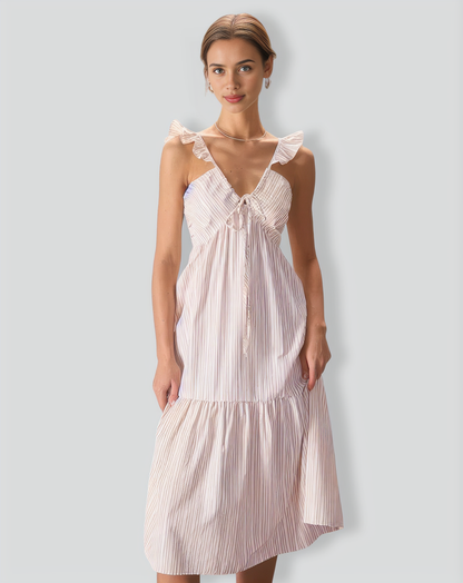 The Yellow V Neck Striped Ruffle Midi Dress