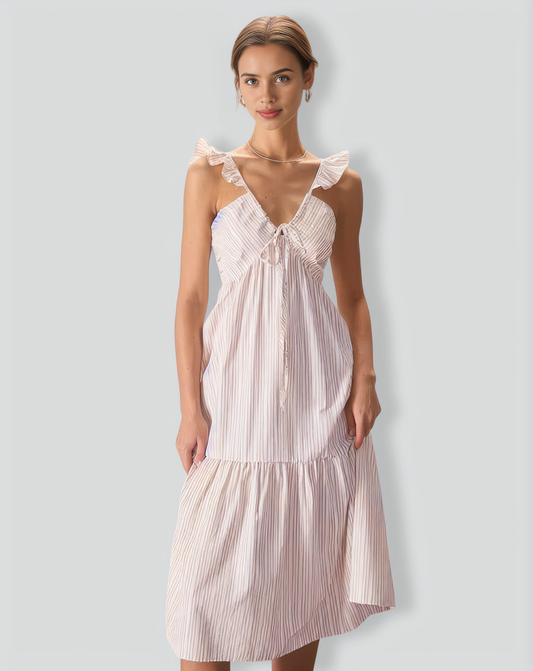 The Yellow V Neck Striped Ruffle Midi Dress