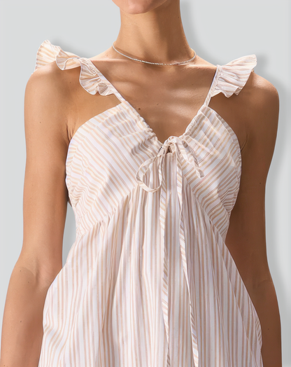 The Yellow V Neck Striped Ruffle Midi Dress