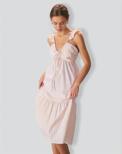 The Yellow V Neck Striped Ruffle Midi Dress