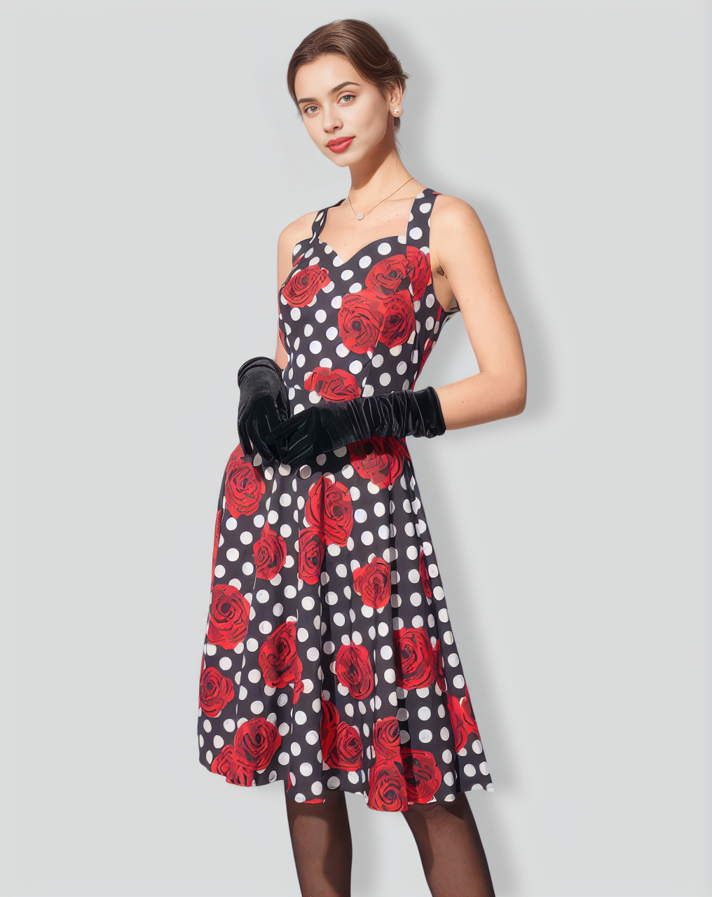 The Sweetheart Neck Polka Dot Rose Halter Midi Dress