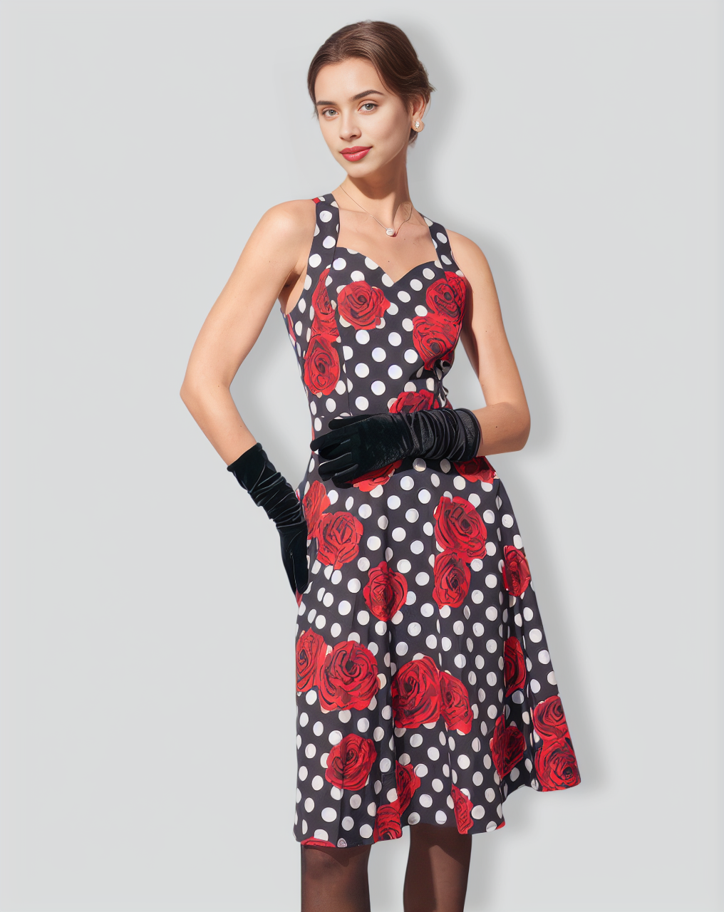 The Sweetheart Neck Polka Dot Rose Halter Midi Dress