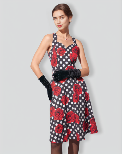 The Sweetheart Neck Polka Dot Rose Halter Midi Dress