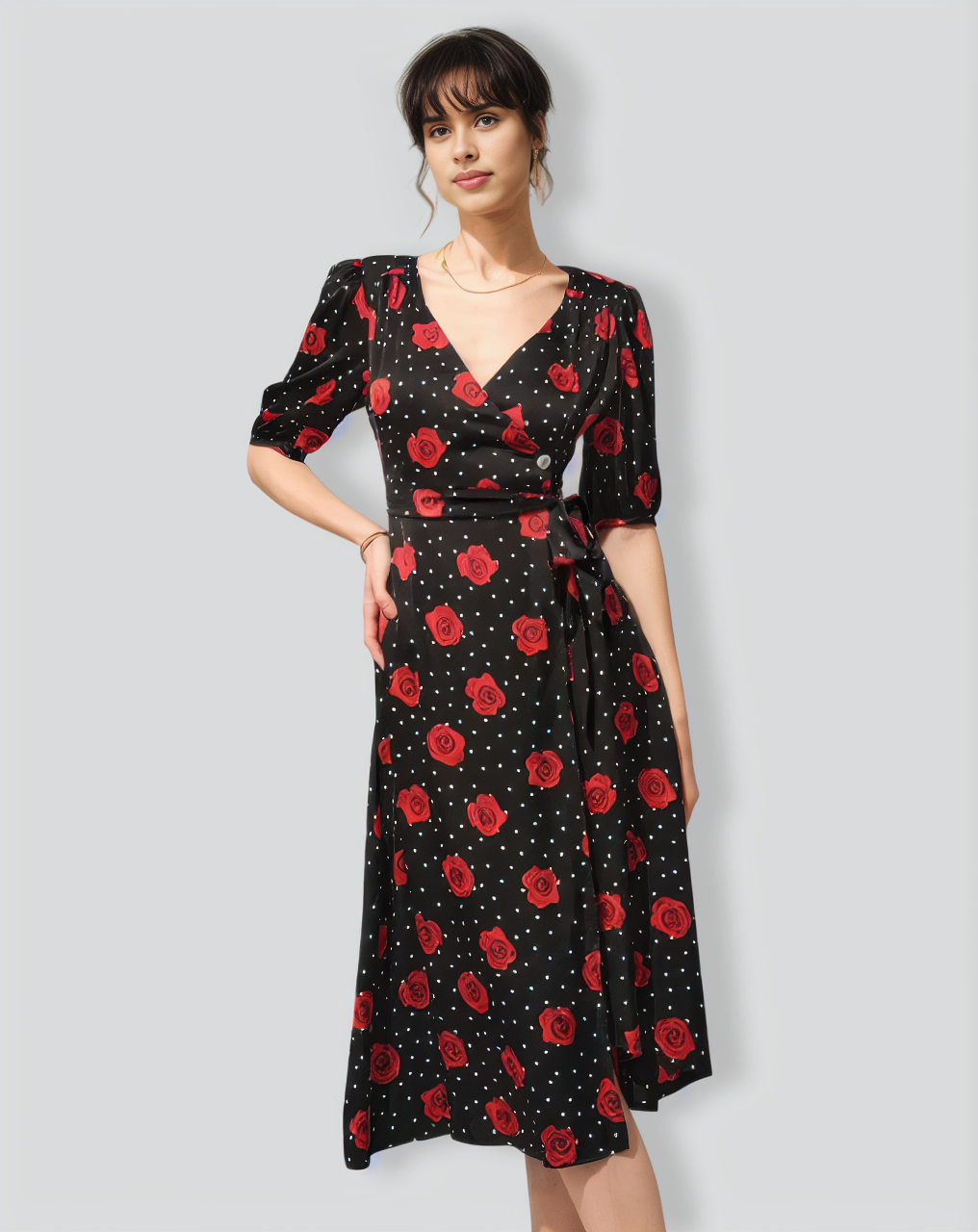The V Neck Puff Sleeve Floral Wrap Midi Dress
