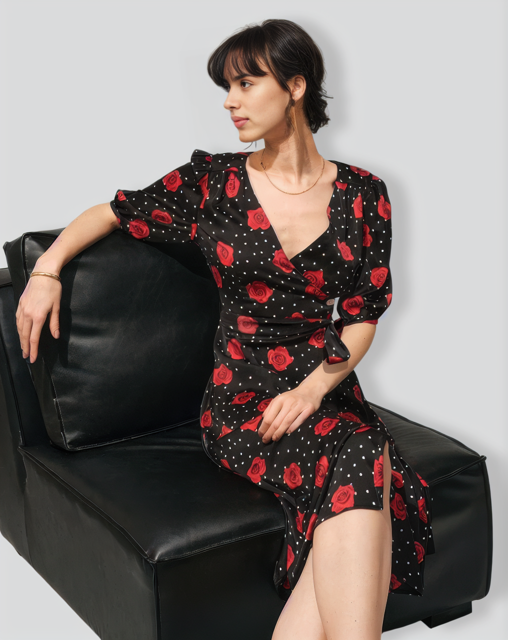 The V Neck Puff Sleeve Floral Wrap Midi Dress
