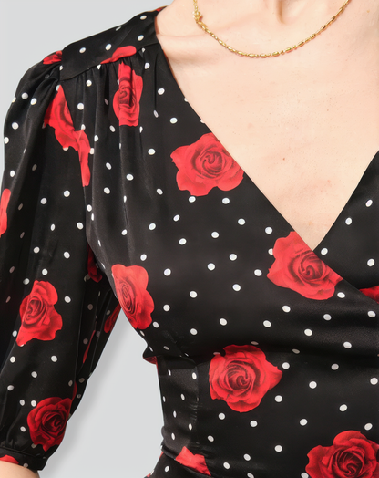 The V Neck Puff Sleeve Floral Wrap Midi Dress