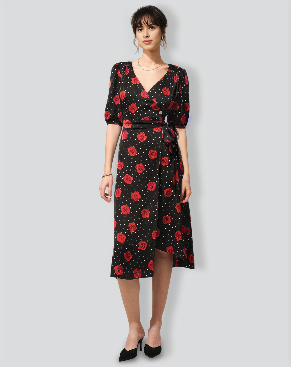 The V Neck Puff Sleeve Floral Wrap Midi Dress
