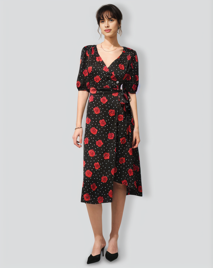 The V Neck Puff Sleeve Floral Wrap Midi Dress