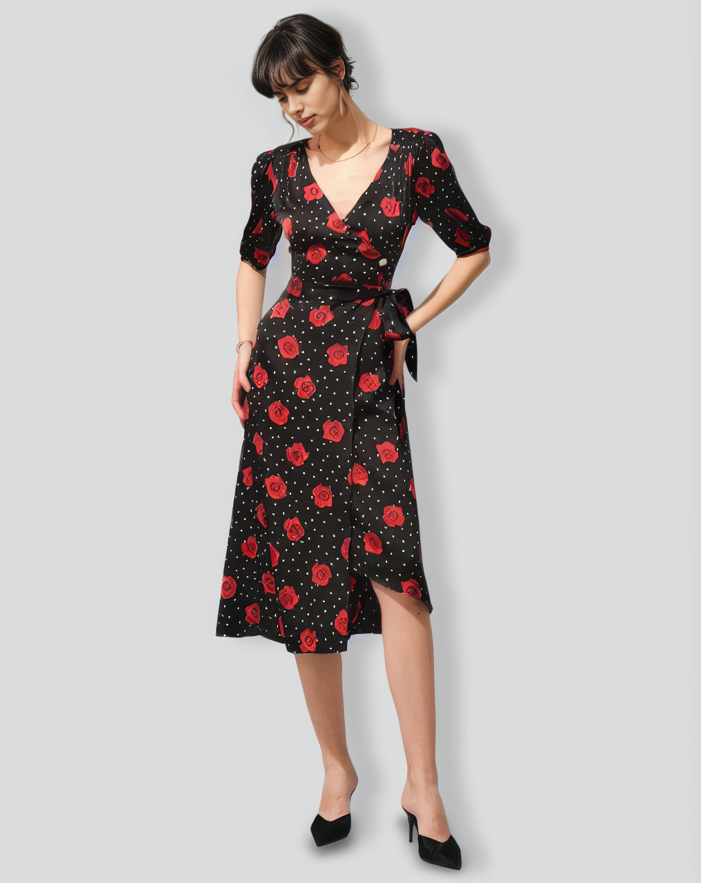 The V Neck Puff Sleeve Floral Wrap Midi Dress