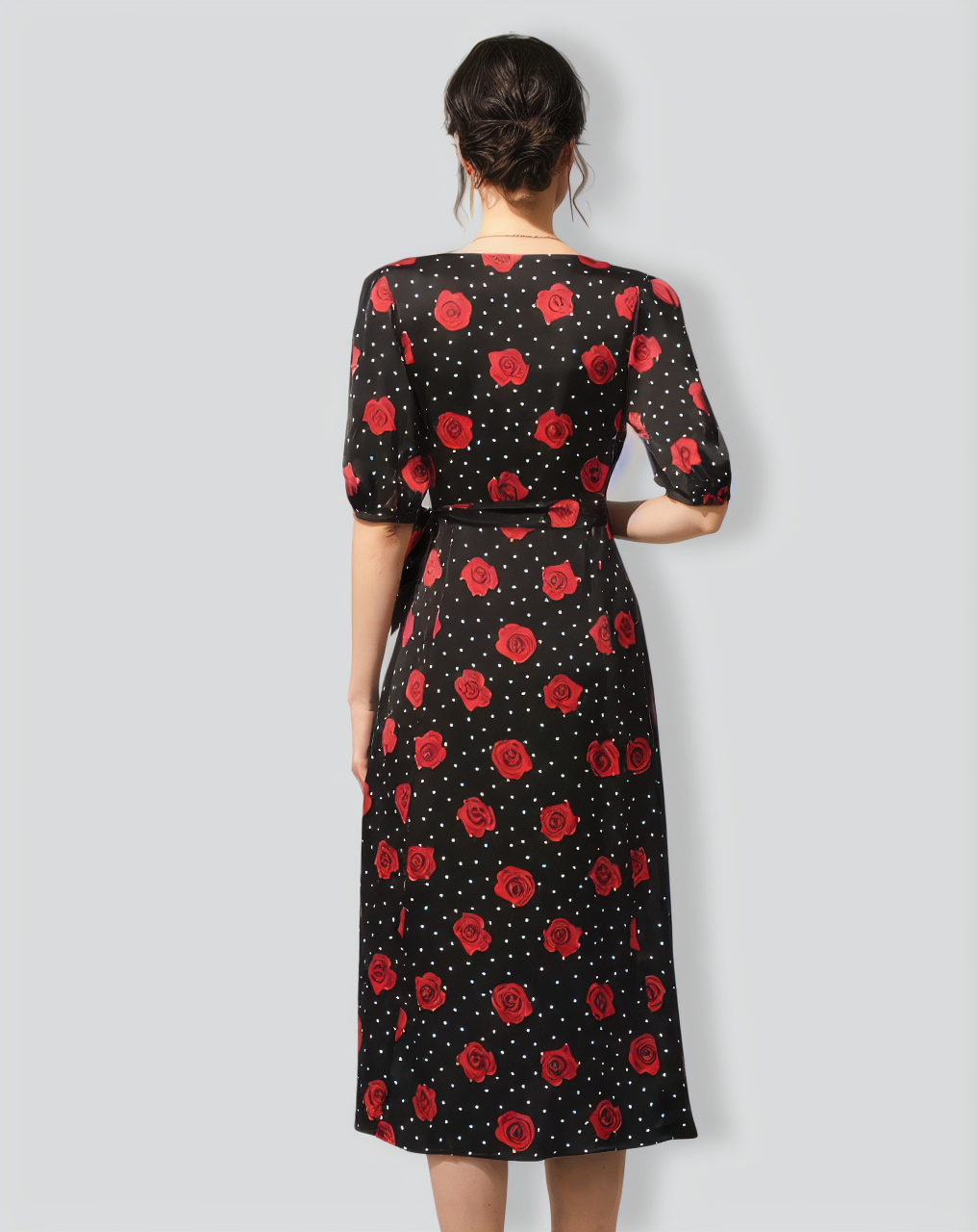The V Neck Puff Sleeve Floral Wrap Midi Dress