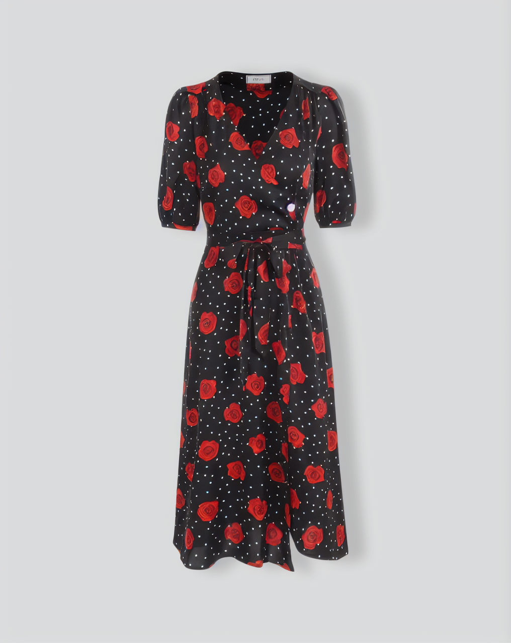 The V Neck Puff Sleeve Floral Wrap Midi Dress