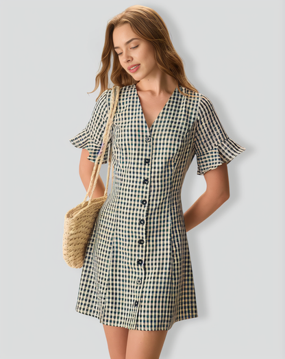 The Black V Neck Plaid Cotton Mini Dress