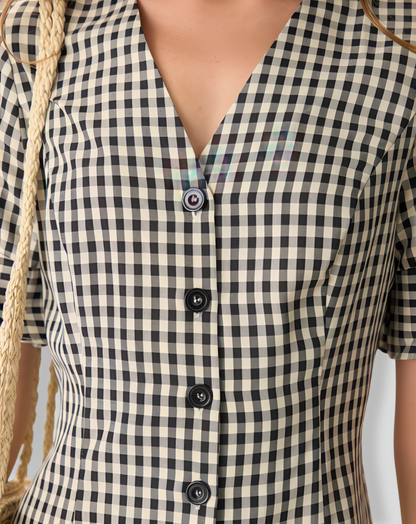 The Black V Neck Plaid Cotton Mini Dress