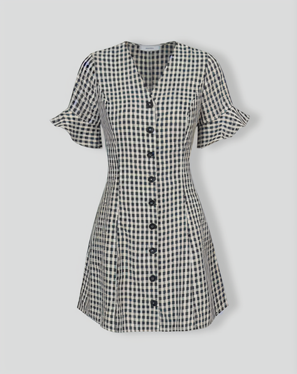 The Black V Neck Plaid Cotton Mini Dress