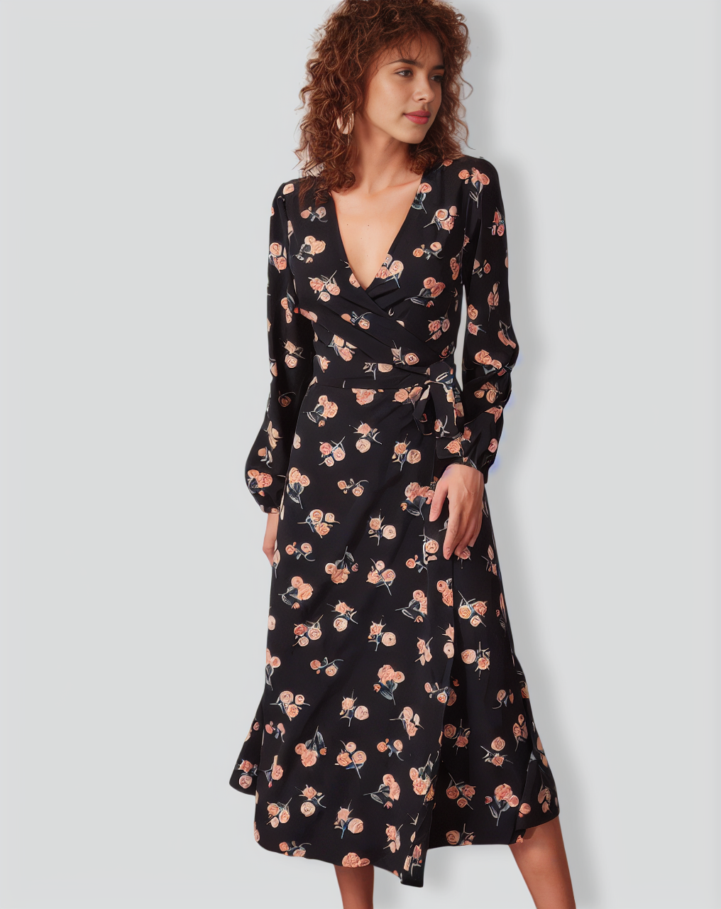 The Black V Neck Floral Wrap Midi Dress