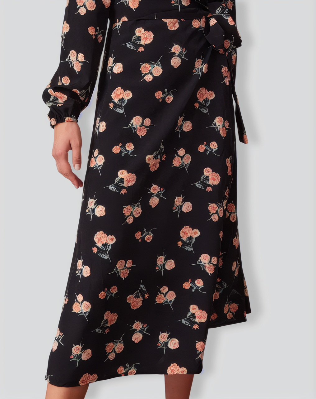 The Black V Neck Floral Wrap Midi Dress