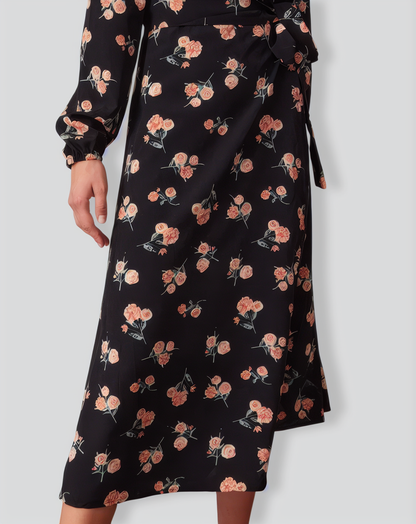 The Black V Neck Floral Wrap Midi Dress
