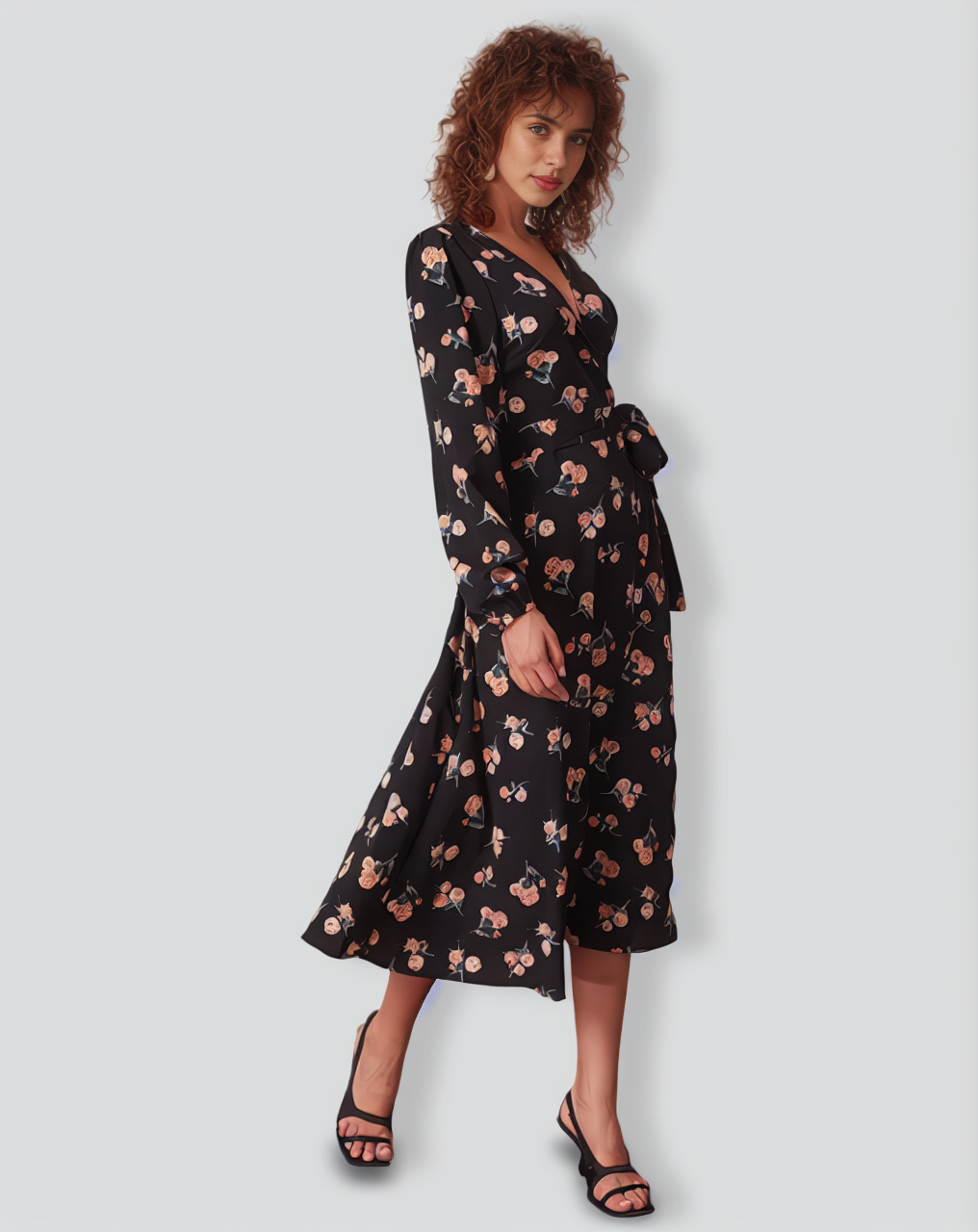 The Black V Neck Floral Wrap Midi Dress