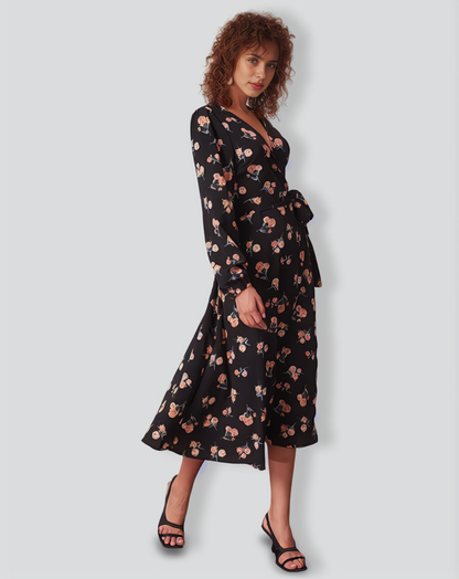 The Black V Neck Floral Wrap Midi Dress