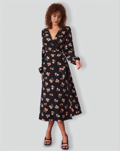 The Black V Neck Floral Wrap Midi Dress