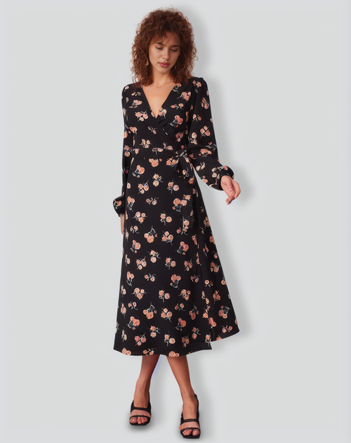 The Black V Neck Floral Wrap Midi Dress