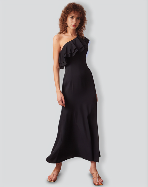 The Black One Shoulder Flounce Maxi Dress