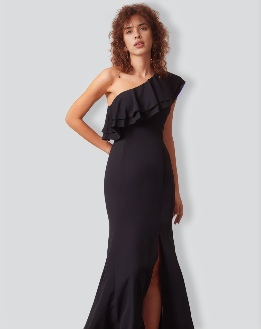 The Black One Shoulder Flounce Maxi Dress