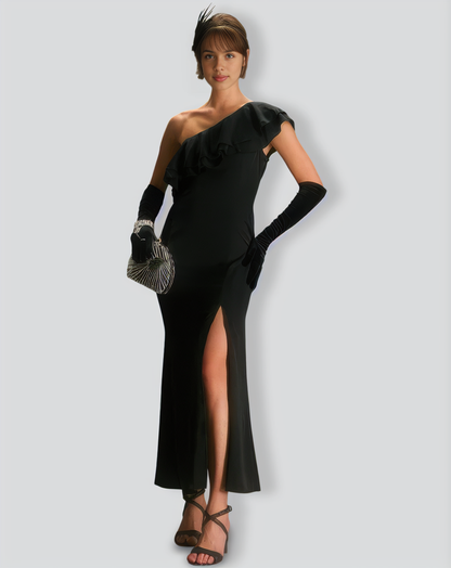 The Black One Shoulder Flounce Maxi Dress