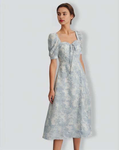 The Blue Sweetheart Neck Puff Sleeve Floral Midi Dress