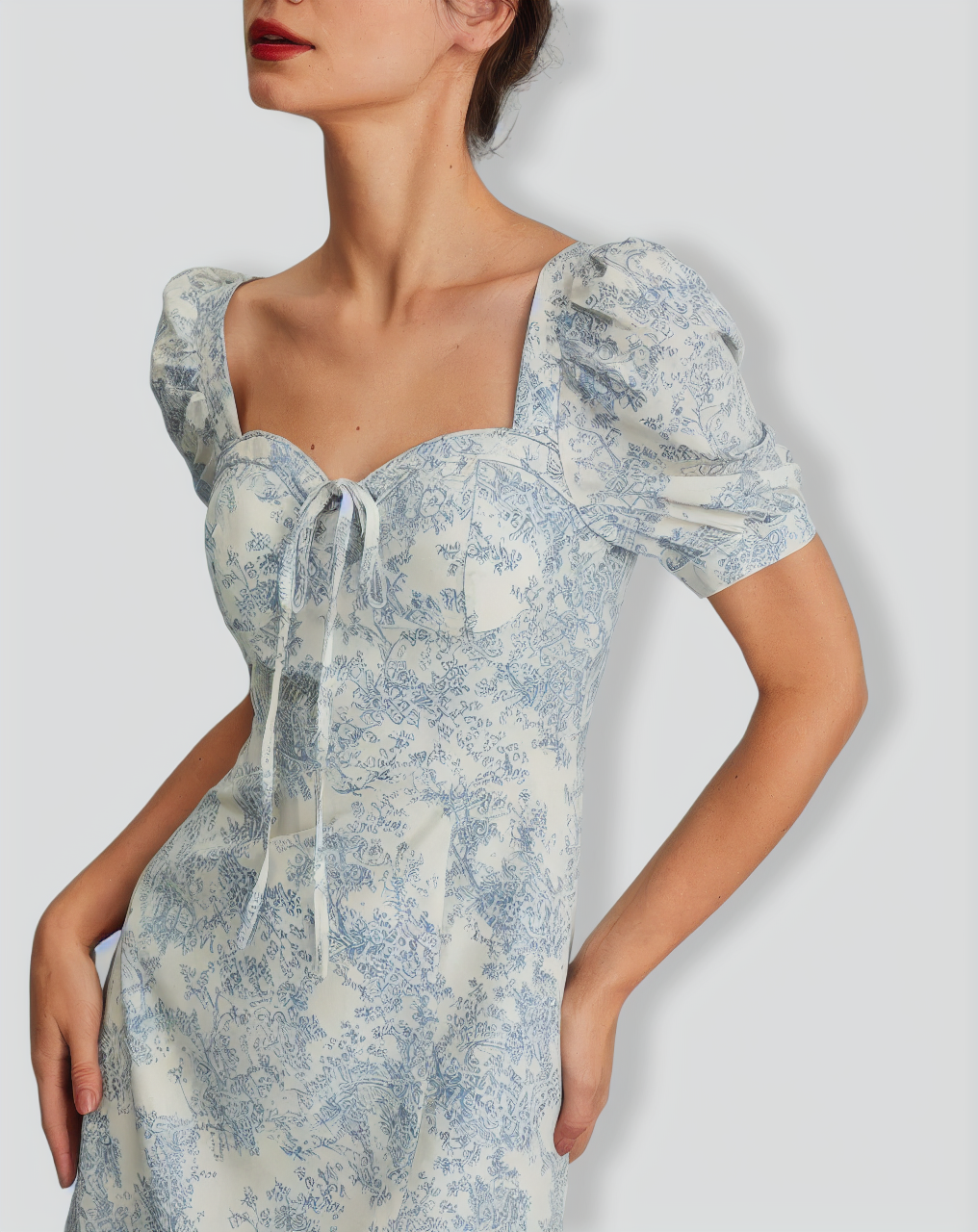 The Blue Sweetheart Neck Puff Sleeve Floral Midi Dress