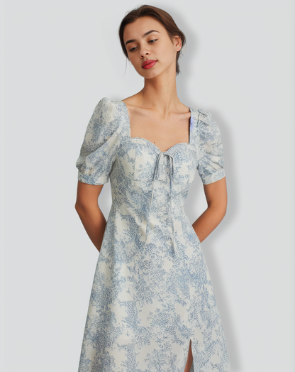 The Blue Sweetheart Neck Puff Sleeve Floral Midi Dress