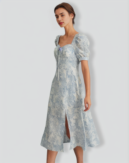 The Blue Sweetheart Neck Puff Sleeve Floral Midi Dress