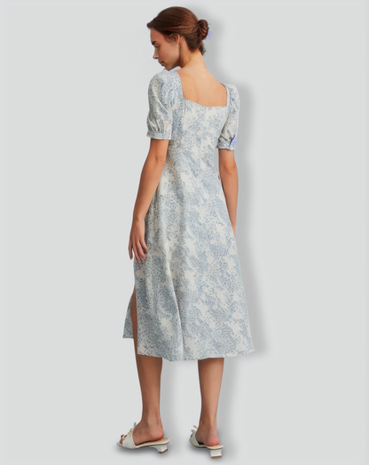 The Blue Sweetheart Neck Puff Sleeve Floral Midi Dress