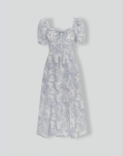 The Blue Sweetheart Neck Puff Sleeve Floral Midi Dress