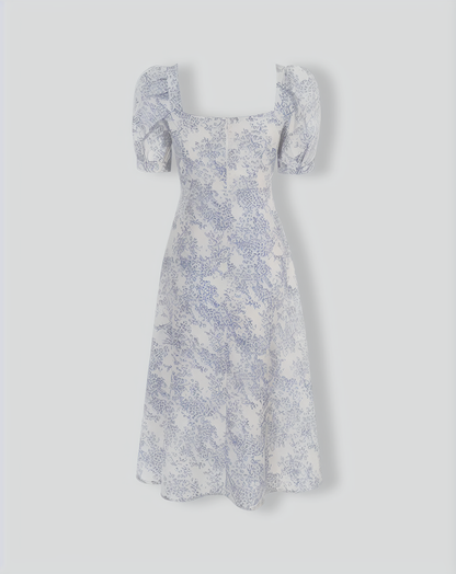 The Blue Sweetheart Neck Puff Sleeve Floral Midi Dress