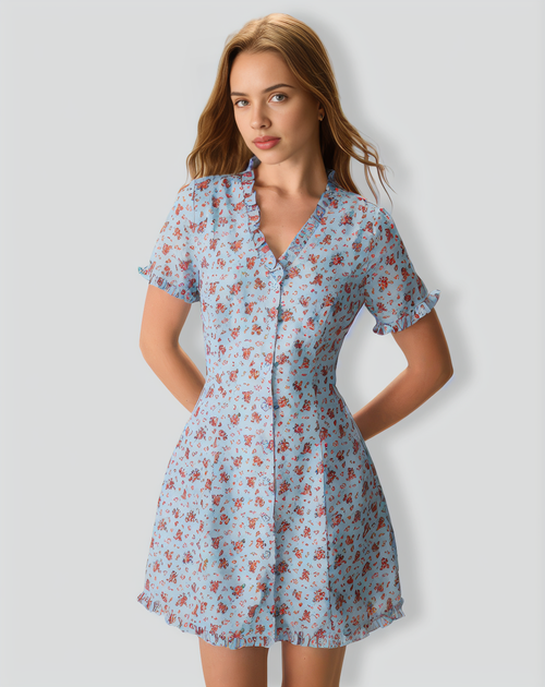 The Blue V Neck Frill Trim Floral Mini Dress