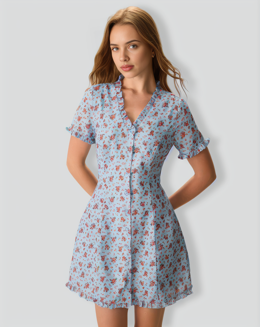 The Blue V Neck Frill Trim Floral Mini Dress