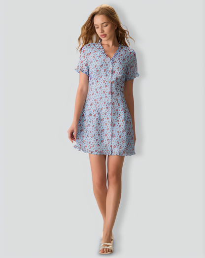 The Blue V Neck Frill Trim Floral Mini Dress