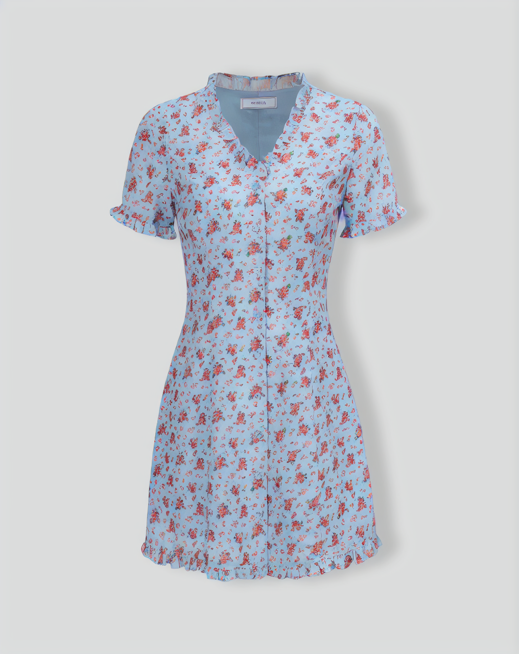 The Blue V Neck Frill Trim Floral Mini Dress