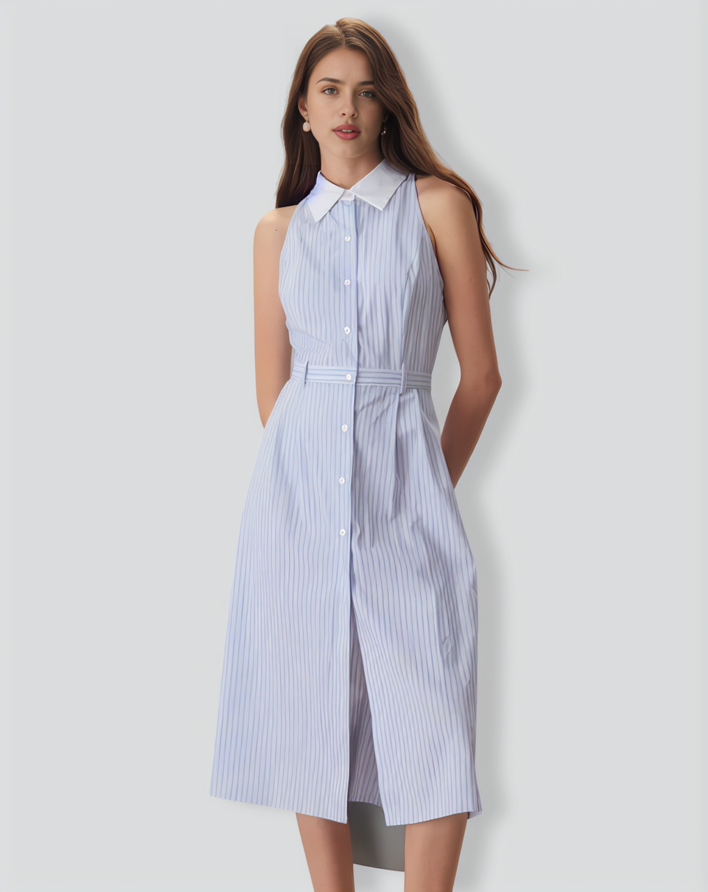 The Blue Lapel Button-Up Striped Midi Dress