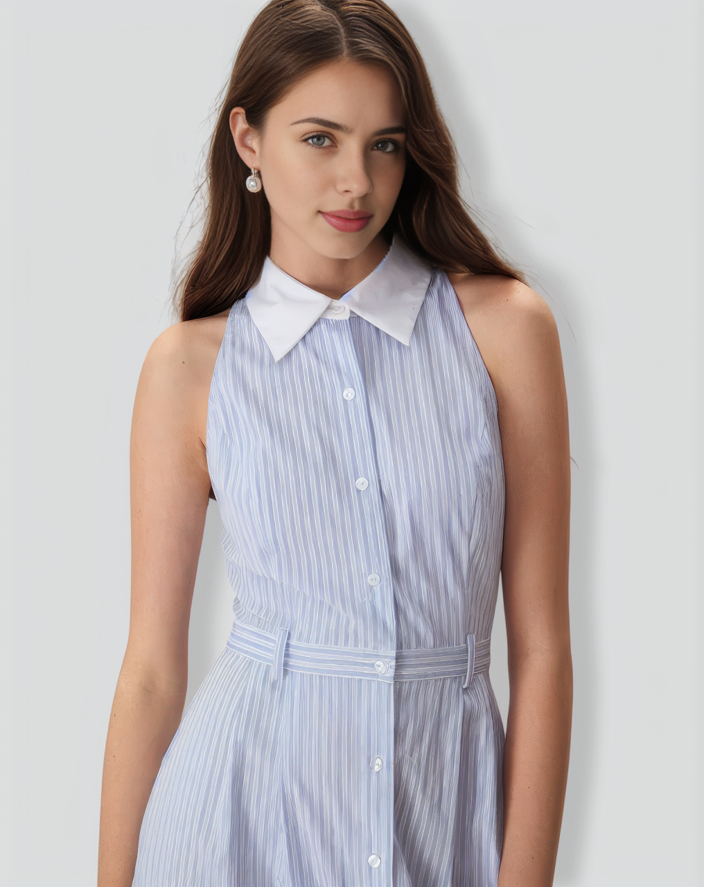 The Blue Lapel Button-Up Striped Midi Dress