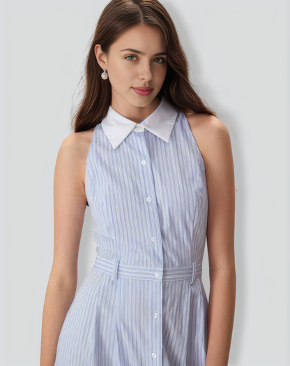 The Blue Lapel Button-Up Striped Midi Dress