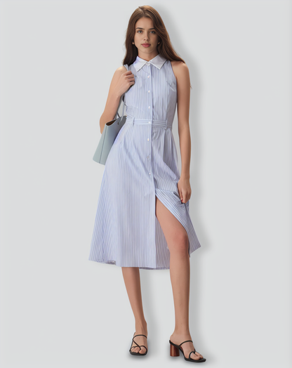 The Blue Lapel Button-Up Striped Midi Dress