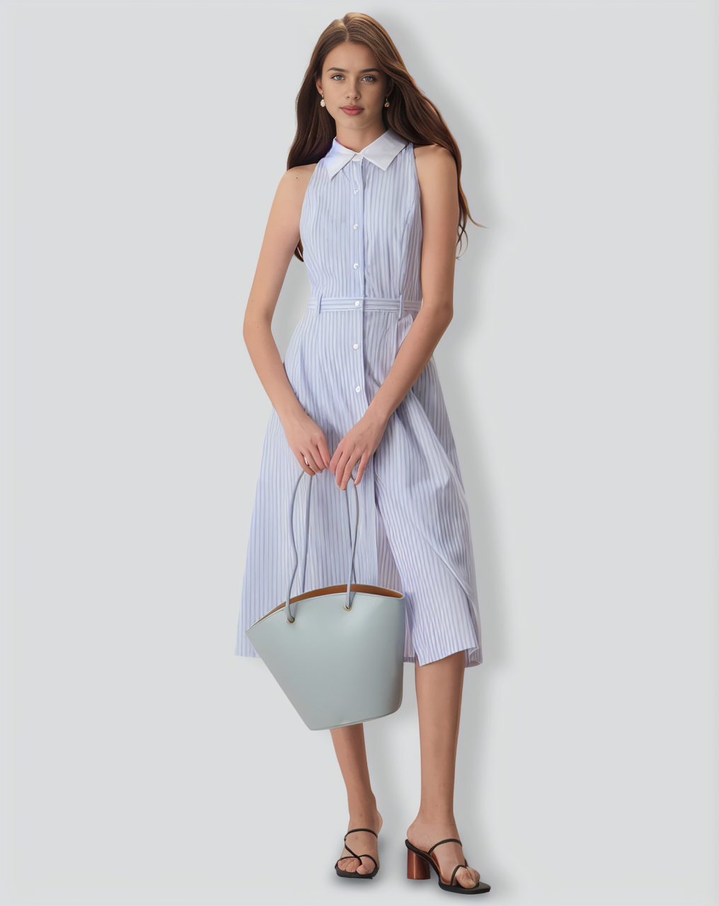 The Blue Lapel Button-Up Striped Midi Dress