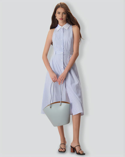 The Blue Lapel Button-Up Striped Midi Dress