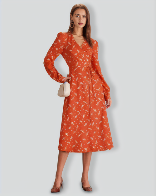 Orange Floral Wrap Midi Dress